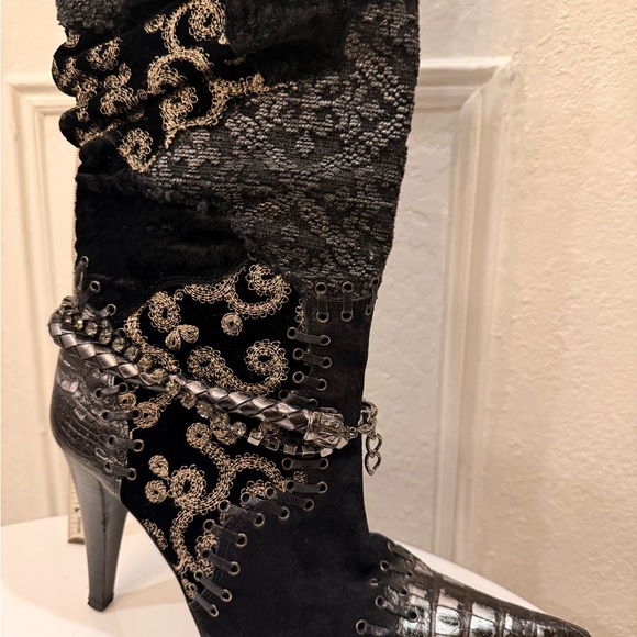 El Dante’s Handmade Leather Tall Boots, Mixed Media, Patchwork, Bohemian, Moto - Picture 7 of 13